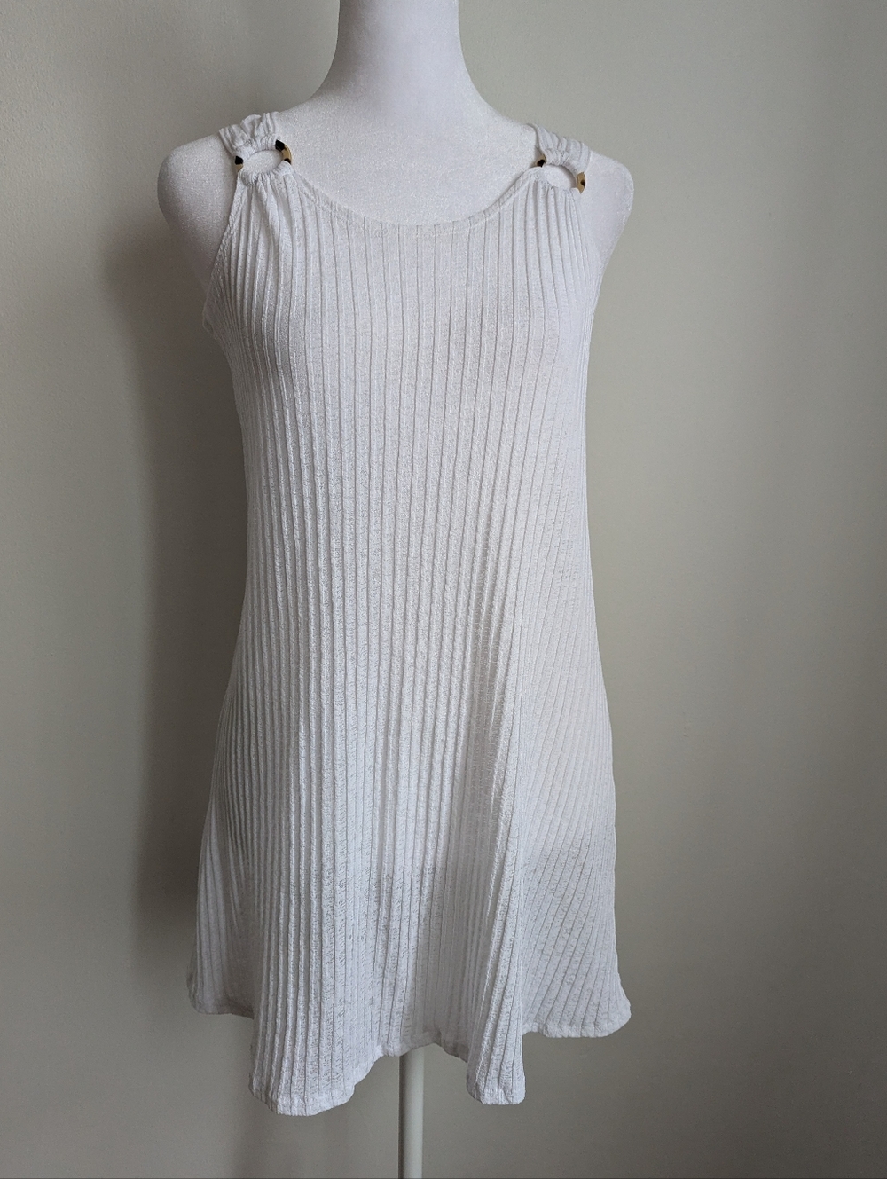VTG Ribbed Tank Dress with Tortoaiseshell Ring-Detail Straps Swim Coverup S